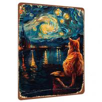 Van Gogo Žvaigždėta naktis Metalinė sienos dekoracija Oranžinė katė stebi uosto vaizdą Namų dekoras 30x40cm(11.8x15.7inch) blue