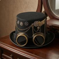 Steampunk Hat with Goggles Black Historical Top Wide Brim Costume Headpiece black