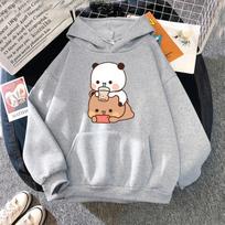Bubu and Dudu Hoodie Women Aesthetic Graphic Funny Kawaii Bubble Tea Hoodies Unisex Anime Harajuku Vintage Pullovers Sweatshirts XL gray