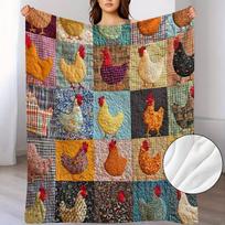 1pc Retro Creative Rooster Plaid Print Pattern Flannel Blanket Soft French Print Blanket Pattern Flannel Small Blanket Soft Warm Blanket, Suitable for 150X220CM black