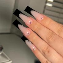 24Pcs Shimmering Long Coffin Press On Nails With Glue Sweet French Ballerina Acrylic Manicure Tips black