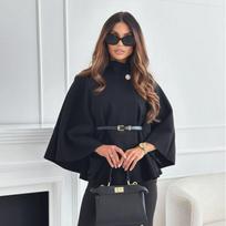 Moteriškas apsiaustas, vilnonis tvido pončas, storas rudens ir žiemos moteriškas paltas su viena sagtimi, šikšnosparnių rankovėmis, elegantiškas, šiltas, laisvas viršutinis drabužis 2024 m. M juoda