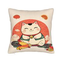 Pillow Case Maneki Neko Lucky Money Cat Comfy  Pillow Cover For Sofa Home Decor Kawaii Pillowcases 18x18Inch beige