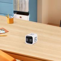 Modern design cube timer with gravity sensing flip and adjustable volume White gray