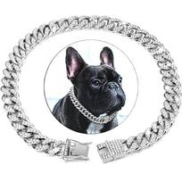 1pcDog Chain Diamond Cuban Collar Walking Metal Chain Collar with Design Secure Buckle, Pet Cat Cuban Collar Jewelry Accessories 35cm-14inch black