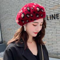 Imitation mink leopard print beret women's autumn and winter casual trend retro painter hat middle-aged and elderly bud hat dome One size fits all