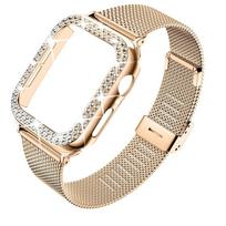 Deimantinis dėklas+Metalinė apyrankė iWatch juostai Ultra 2 Nerūdijančio plieno apyrankė Apple Watch 9 8 7 45mm 44mm 40mm 41mm Series 6 5 4 Series123 42MM rožinio aukso spalvos