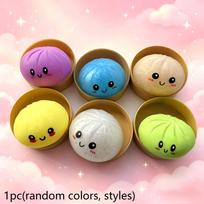 Colorful Dumpling-Shaped Stress Relief Toy Set with Steamer Cage & Lid Realistic Face Squeeze Toy yellow