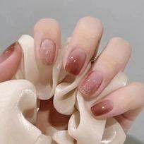 24Pcs Short Gradient Press On Nails With Jelly Glue Elegant Ballet Square Glitter Acrylic Fake Nails Set beige