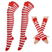 Stripe Thigh High Socks Arm Warmers Fingerless Gloves Set Christmas Cosplay Costume for Women, Polyester Hosiery with Ribbon Accent for Photo Outfit white