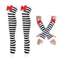 Stripe Thigh High Socks Arm Warmers Fingerless Gloves Set Christmas Cosplay Costume for Women, Polyester Hosiery with Ribbon Accent for Photo Outfit white