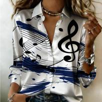 Women Satin Art Graffiti Musical Note Score Print Shirt Long Sleeve Lapel Button‑Down Blouse Elegant Music Theme Casual Ladies Multi‑Color Top XXL gray