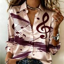 Women Satin Art Graffiti Musical Note Score Print Shirt Long Sleeve Lapel Button‑Down Blouse Elegant Music Theme Casual Ladies Multi‑Color Top L gray