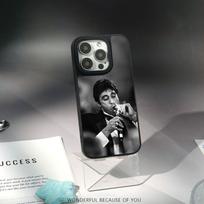 Tony Montana cool man pattern Phone Case for iPhone 17 16 e 15 14 13 12 Pro Max Sheepskin Silver-edged protective case iPhone 16e gray