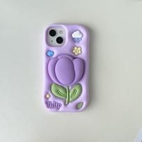 Kawaii Summer Floral Tulip Bracket Soft Silicone Case With Stand Holder Shock Proof Cover for iPhone 16 15 14 13 12 Pro Max For iPhone 12 Pro Max violetinė