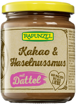 Ekologiškas kokosų ir lazdynų riešutų kremas su datulėmis ir kakava – Rapunzel, 250 g