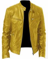 Vyriški odiniai motociklininko švarkai Laisvalaikio mada Motociklininko paltas Slim Fit Atlenkiama apykaklė PU švarkai Ruduo Vėjui atsparus odinis paltas Vyriškas Retro XXL geltona
