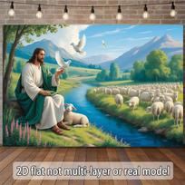 Huge Jesus Biblical Tapestry Wall Hanging Christian Spiritual Art Decor Landscape Dove Sheep Shepherd Pastoral Religious Home 100X70CM