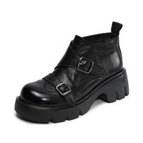 Real Leather Martin Boots with Round Toe and Thick Sole, Heightening Shoes, Double Leather Buckle, Comfortable 37 juoda