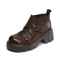 Real Leather Martin Boots with Round Toe and Thick Sole, Heightening Shoes, Double Leather Buckle, Comfortable 37 ruda
