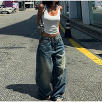 Fashion Wide Leg Denim Pants Women Vintage High Waist Zipper Button Pockets Long Jeans 2026 Spring New Lady High Street Trousers XL mėlyna