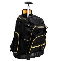 Pull Rod Tool Bag with Hard Molded Base Heavy Duty Rolling Wheel Tool Backpack for Electrician Plumber HVAC Technician black