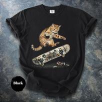 Skateboarding Cat Graphic Tee, Vintage Style Streetwear S gray