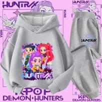 K-pop Demon Hunter New Children's Hoodie+Casual Sports Pants Boys' Comfort Set 100 gray