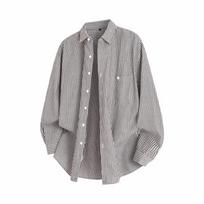 Mens Casual Loose Striped Long Sleeve Hong Kong Style Shirt XL gray
