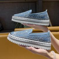 New Large-sized Rhinestone Shallow Opening Loafers, Thick-soled Lazy Shoes for One Foot 38 šviesiai mėlyna spalva