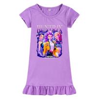 M1228 Kids Girls Kpop Rumi Zoey Mira Print Short Sleeves Ruffle Dress 140cm violetinė