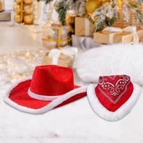 Christmas Cowboy Hat Santa Claus Western for Women Xmas Cowgirl with Bandana Short Trips Style B brown