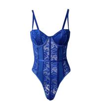 Solid color slim-fit onesie Spice girl suspender lace onesie perspective sex clothes body sculpting Xs [with steel ring and no breast pad] karališkos mėlynos spalvos