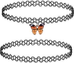 2PC Tattoo Choker Necklace for Women Girls - 90s  2000s Y2K Black Chokers - Butterfly Moon Charms - Stretchy Elastic Necklaces gray