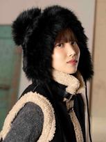 THE GREEN LAB Faux Fur Pom-Pom Balaclava [Black] One Size beige