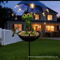Wrought Iron Frog Bird Feeder with Solar Lamp & Umbrella Stand brown