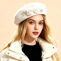Autumn and winter new woolen beret, women's rhinestone rose fashion flower versatile thermal beret M（56-59cm） beige