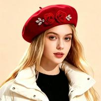 Autumn and winter new woolen beret, women's rhinestone rose fashion flower versatile thermal beret M（56-59cm） brown