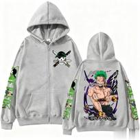 Rudens mados gatvės apranga „One Piece Zoro Anime“ gobtuvas vyrams ir moterims su užtrauktuku, grafinis spausdintas ilgomis rankovėmis, laisvalaikio hiphopo megztinis XS pilka