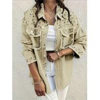 Cross2026 European-American Fashion Denim Jacket with Diamond Studded Label and Multicolor Pearls XXL abrikosas