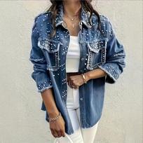 Cross2026 European-American Fashion Denim Jacket with Diamond Studded Label and Multicolor Pearls M mėlyna