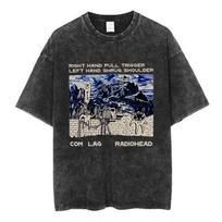 Radiohead Band OK Computer Retro Washed T-shirt women's and  Fashion Hip Hop T-shirt 100% Cotton Casual T-shirt M gray
