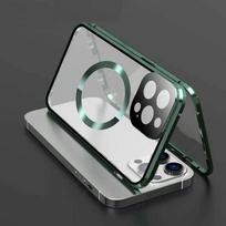 Dėklas iPhone 16 15 Pro Max 14 Plus, su dvipusiais magnetiniais grūdinto stiklo dėklais, Magsafe belaidžio įkrovimo magnetinės adsorbcijos metaliniu rėmeliu iPhone 15 Plus žalia