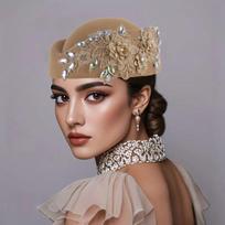 Vintage Pillbox Hat Flower Felt Beret Teardrop Hat Topper Hat  Lady chaki