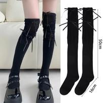 Solid Color Lace Bowknot Thigh High Stockings Women Trendy Casual Over The Knee Long Sock Thermal Warm Cotton Tall Tube Leggings One Size white