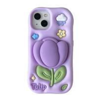 3D Purple Tulip Telecopic Bracket Phone Case For iPhone 12 13 14 15 16 17 Pro Max Plus Flower Soft Silicone Protective Cover iPhone 17 Pro gray