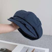 Solid Color Fine Plaid Beret Big Head Circumference Korean Style Ruffle Octagonal Hat Polyester Versatile Spring Painter Cap tamsiai mėlyna spalva