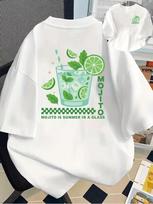 The Mojito Cocktail Graphic T-Shirt, Casual Crew Neck Short Sleeve Top, Retro Lime Mint Print,Versatile Summer Daily Fashion Tee 2XL gray