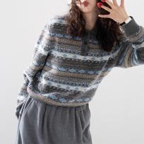 Šiaurietiško stiliaus retro vilnos megztas liemenė su Fair Isle raštu ir POLO apykakle moterims One Size black