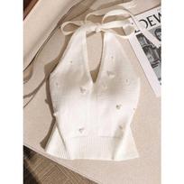 Stunning Slim-Fit French Beadwork Halter Tank Top with Beautiful Off-Shoulder Back Design for Women One Size beige